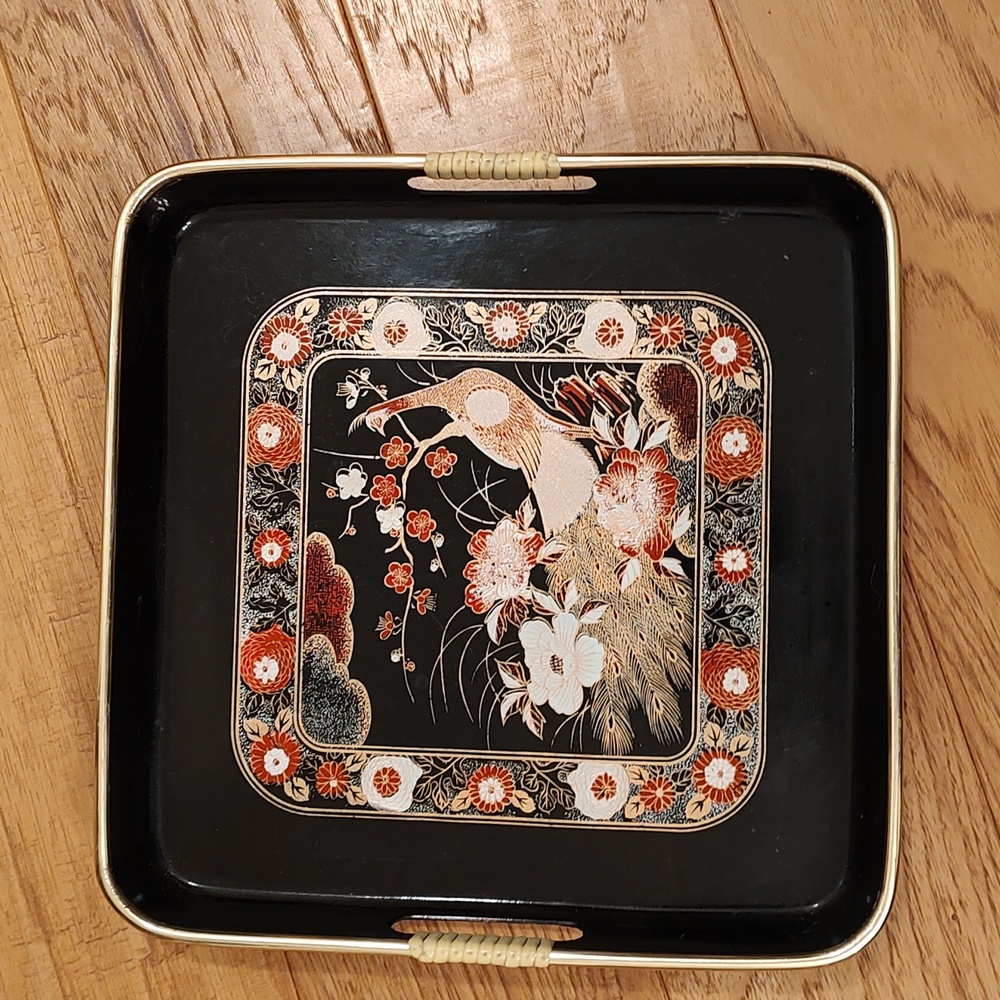 Vintage black lacquer tray with Asian theme